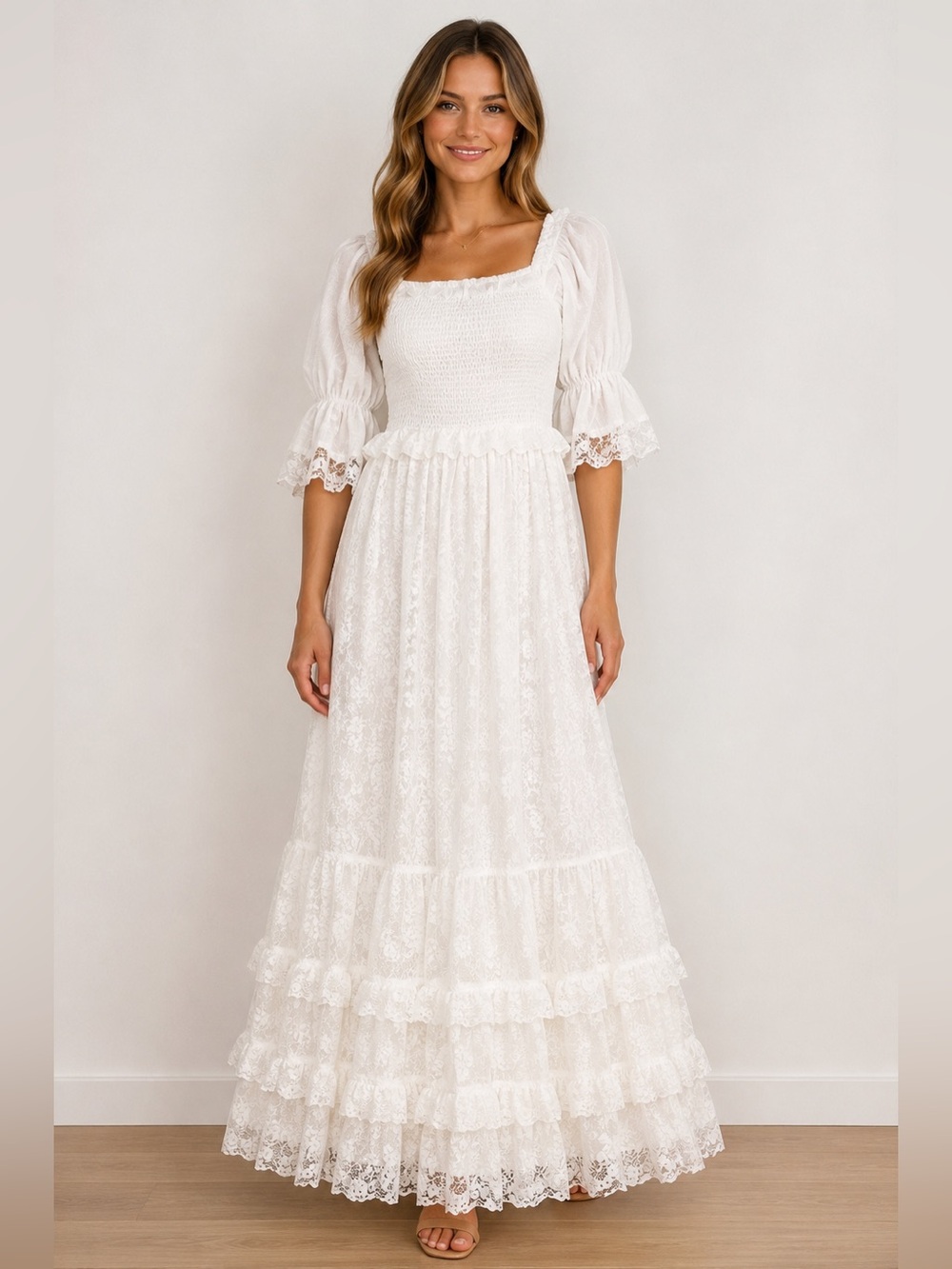 Ivy City Co White Lace Smocked Cottagecore Maxi Dress Puff Sleeve Size Small EUC